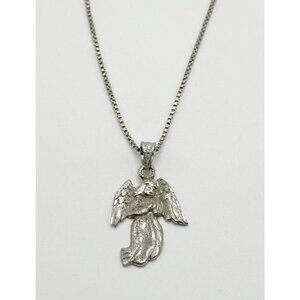 14k White Gold Diamond Cut Guardian Angel Charm Pendant With Sterling Chain